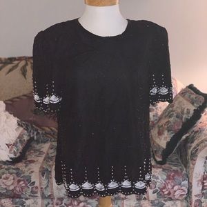 Laurence Kazar VNTG Beaded Short Sleeve Blouse
